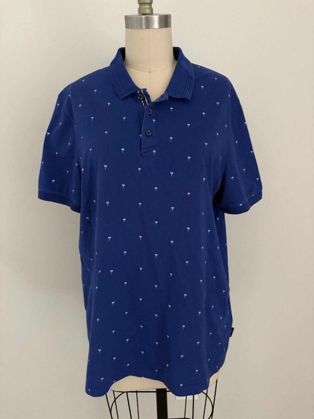 Ted Baker Men's Golf Polo Shirt Blue Palm Tree Micro Print Preppy Coastal Sz 4/L